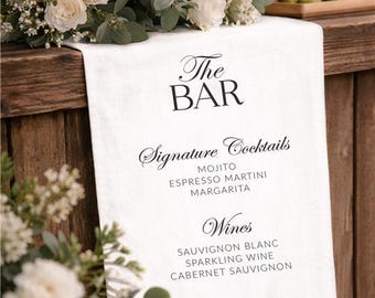 Cartello personalizzato in tessuto per il bar del matrimonio, cartello in lino per il menù del bar, striscione rustico per matrimonio, decorazioni moderne per matrimonio, cocktail d'autore, cartello per il menù delle bevande