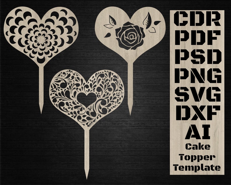 CNC Digital File SVG Silhouette Cut File Heart Cake Topper Template Heart Vector Laser Cut Cake Topper Decor for Cake Vector Template