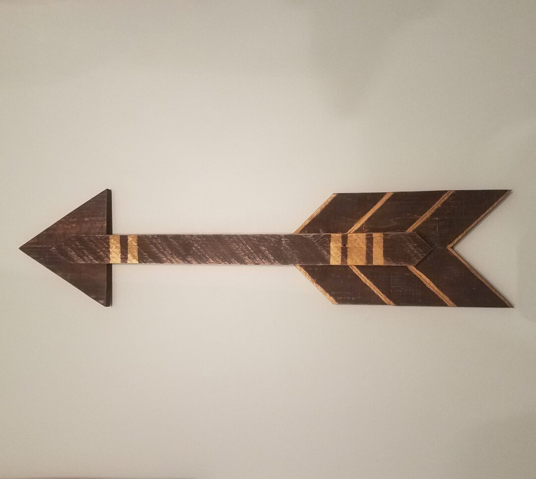 Large Rustic Wall Hanging Wooden Arrow With Gold Stripes/reclaimed Wood