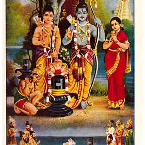 Vintage print of Hindu Gods Ram, Lakshman & sita with das Hanuman Indian Mythological Old Religious Art Print  7&quot; x 5&quot; inches