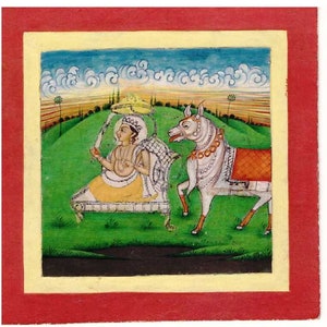 Pittura mitologica indiana in miniatura Di piccole dimensioni Lord Vishnu Incarnation 3.5 "x3.5" Vintage vecchio fatto a mano 1990 Fine Dettagliato