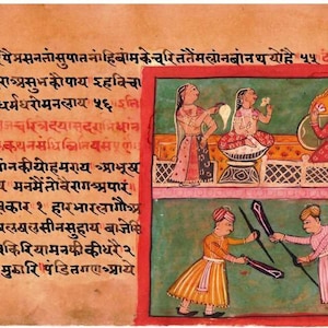 Vintage Old Folk school Pittura indiana in miniatura sulla pagina del manoscritto scritto a mano Scuola Mewar rara collezione