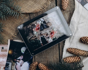 Caja de fotos de madera con tapa transparente, caja de regalo para bodas.