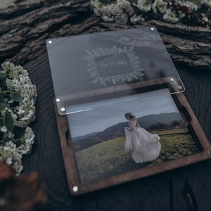 scatola fotografica in legno con scatola nuziale con coperchio traprente