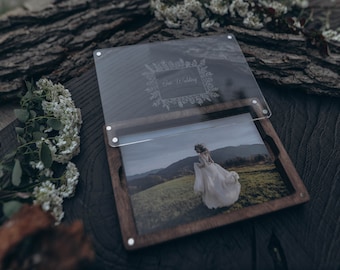 wooden photo box with trapserent lid wedding box