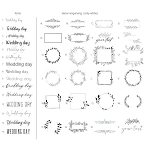May include: A black and white image showing 15 different fonts for the text "Wedding Day" and 25 different decorative floral frames. The frames are in various shapes, including circles, squares, and rectangles. Some frames include the text "your text".