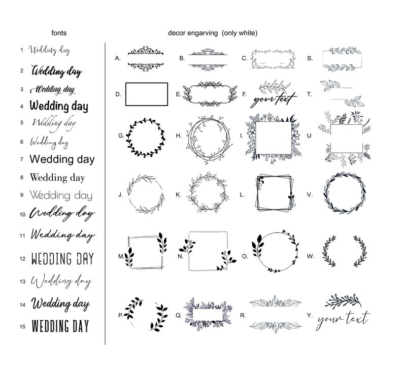 May include: A black and white image showing 15 different fonts for the text "Wedding Day" and 25 different decorative floral frames. The frames are in various shapes, including circles, squares, and rectangles. Some frames include the text "your text".