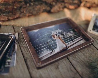 wooden photo box with trapserent lid wedding box