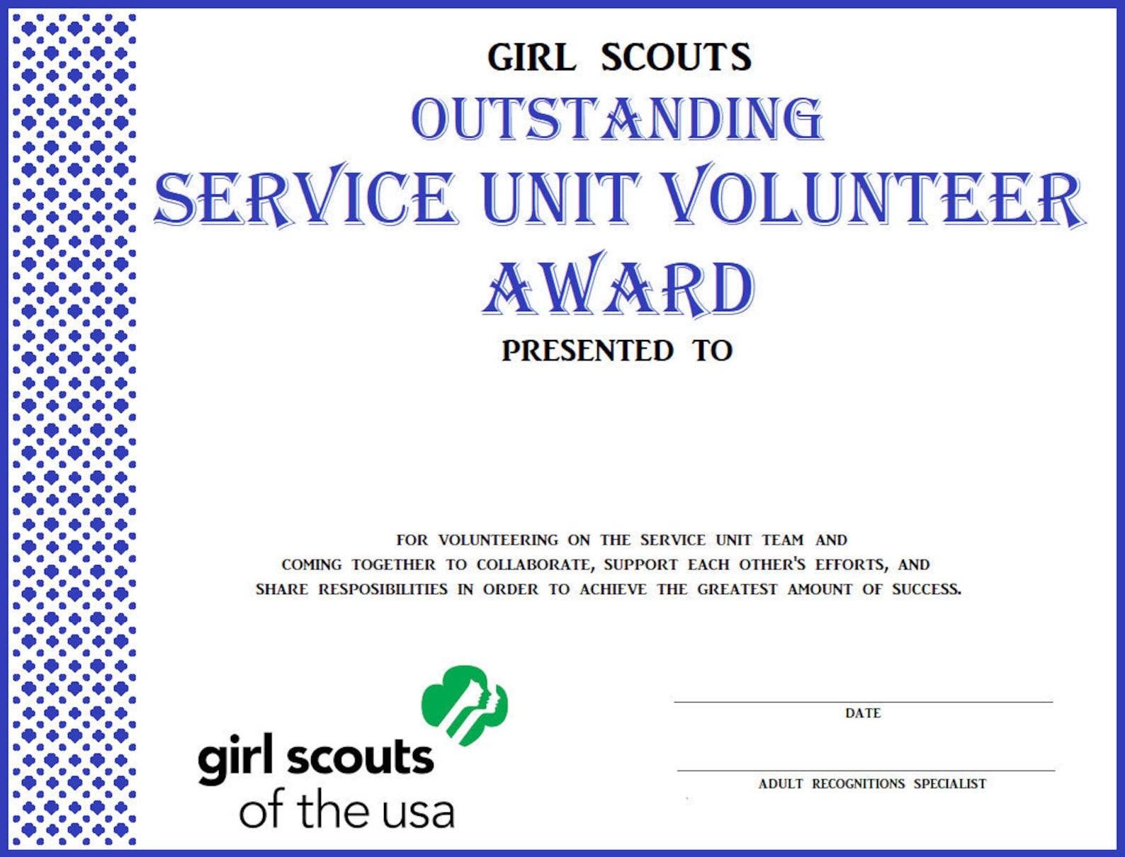 Girl Scout Service Unit Award Certificates Etsy