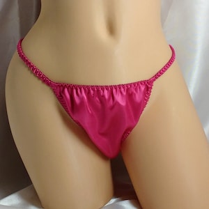 Magenta satin string bikini, classic Joe Boxer style.