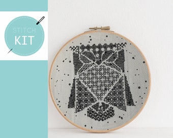 Blackwork Embroidery Kit - Modern geometric owl