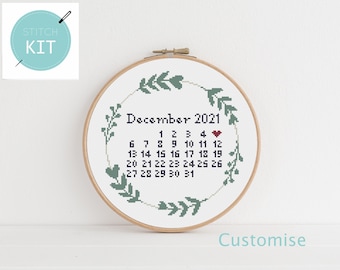 custom wedding anniversary cross stitch calendar kit - leaf wreath - modern simple cross stitch -