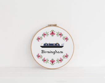 Customisable cross stitch pattern - lillies - canal narrow boat - pdf instant download - customise text - Barge