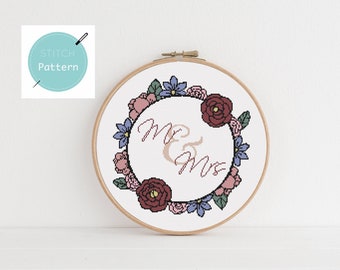 Cross stitch Modern bold floral wreath - cotton wedding anniversary cross stitch pattern pdf - mr&mrs wedding or anniversary gift