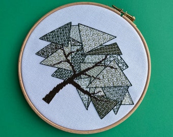 Geometrischer Baum Blackwork Stickmuster: Moderner Sampler (PDF-Muster)