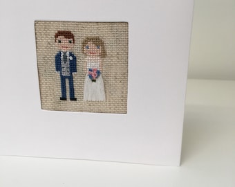 Custom Cotton Anniversary Card: Personalised Cross Stitch Couple in wedding outfits