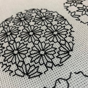 Op de afbeelding: Zwarte borduurwerk op witte stof, met een herhalend patroon van geometrische stervormen.