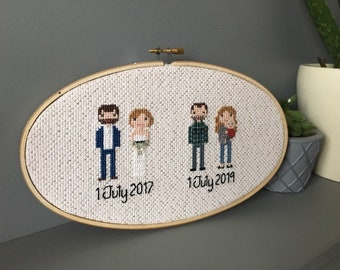 Custom wedding anniversary cross stitch couple - 2 year cotton anniversary gift - then and now bride and groom