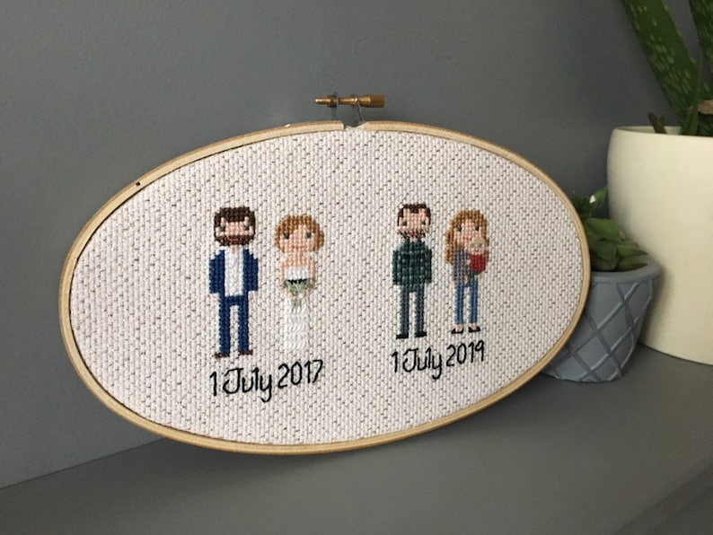 Custom wedding anniversary cross stitch couple 2 year cotton anniversary gift then and now bride and groom image 1