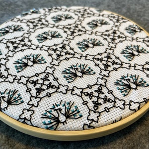 Puede incluir: Un aro de bordado de tela blanca con un diseño de pavo real negro y turquesa. El diseño se repite en toda la tela.