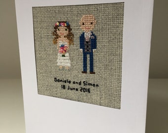 Custom cotton 2nd wedding anniversary card - hand made gift - cross stitch portrait of wedding couple