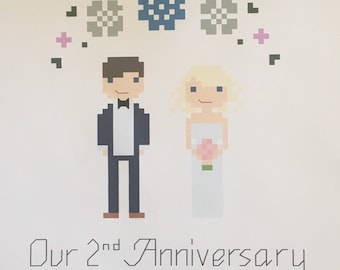 Pdf download anniversary cross stitch pattern - wedding couple - on our 2nd anniversary - bride and groom - cotton anniversary - wedding