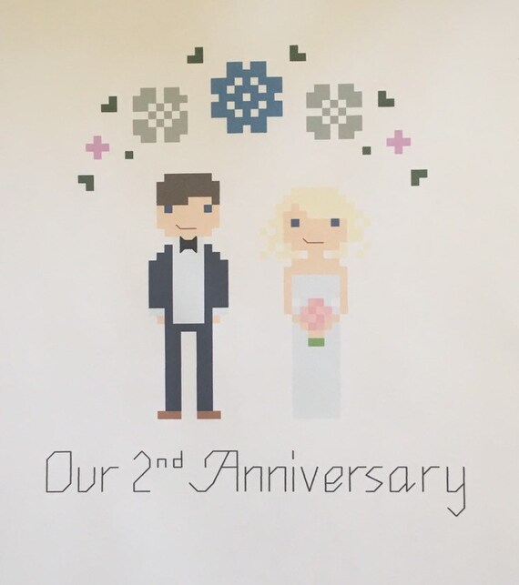 On Our 2nd Anniversary Pdf Download Anniversary Cross Stitch Pattern Bride And Groom Cotton Anniversary Wedding Couple Wedding Craft Supplies Tools Framing