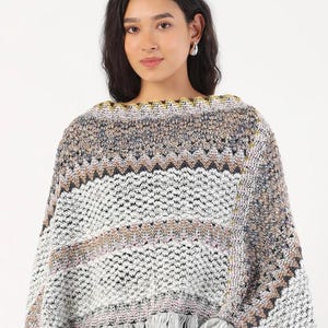 Multicolor Knitted Poncho Shawl with Fringe Hem  Cozy Boho Chic Winter Cape Wrap, Handmade Chevron Pattern Layered Outerwear for Casual Wear