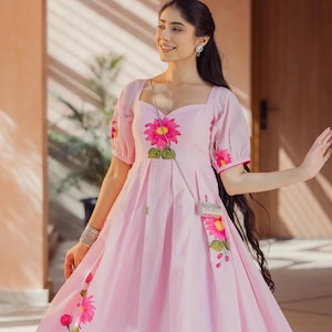 Handmade Pink Floral Cotton Midi Dress  Puff Sleeve Backless Dress  Romantic Summer Dress for Women| Garden Party Brunch Outfit  Cottagecore