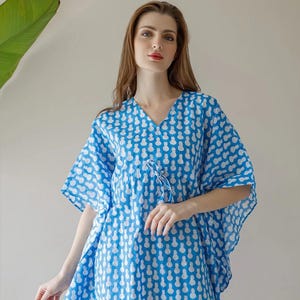Bohemian Kaftan Dress, Floral Cotton Beach Cover Up, Lightweight Summer Lounge Dress for Women, Vacation Wear, Hawaiian Kaftan Dress