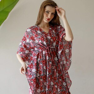 Bohemian Kaftan Dress, Floral Cotton Beach Cover Up, Lightweight Summer Lounge Dress for Women, Vacation Wear, Hawaiian Kaftan Dress