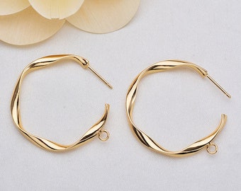 10pcs 24K Gold Plated Circle Ear Wire,Real Gold Plated Brass Ear Stud With Loop,Circle Earring Post Attachment Finding Supply