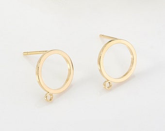 High-quality 10pcs Real Gold Plated Hollow Round Ear Stud,Gold Ear Post with Loop,Gold Plated Brass Earring Attachment Finding Wholesale