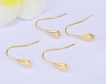 Wholesale 100pcs 24K Gold Plated Shell Shape Earring Hook,Brass Ear Wire,Ear Post with Loop,Earring Attachment Finding Lead Nickel Free