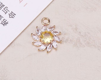 4pcs Yellow Zircon Flower Pendant Charm,Rhinestone Crystal Gemstone Sunflower Jewelry Pendant Charm Wholesale