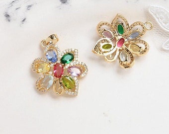 2pcs Multi Zircon Flower Pendant Charm,Rhinestone Crystal Gemstone Flower Jewelry Pendant Wholesale 22*31mm