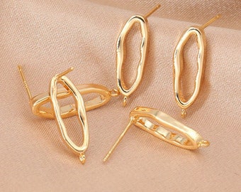 10pcs Real Gold Plated Hollow Oval Ear Stud,Gold Earring Post with Loop,Brass Earring Attachment Finding Wholesale,Nickel Lead Free