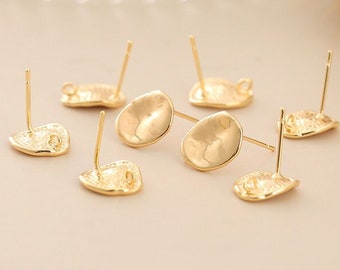 10pcs Real Gold Plated Brass Earring Stud,Hammered Gold Earring Post with Loop,Brass Earring Attachment Finding Wholesale,Nickel Lead Free
