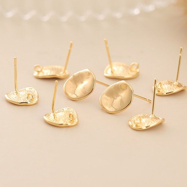 10pcs Real Gold Plated Brass Earring Stud,Hammered Gold Earring Post with Loop,Brass Earring Attachment Finding Wholesale,Nickel Lead Free
