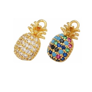 4pcs Multicolor Zircon Pineapple Pendant Charm,CZ Pave Fruits Pendant Connector,Real Gold Plated Brass Earring Finding Charm Wholesale