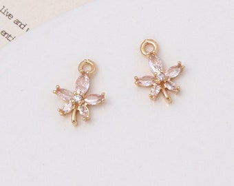 6pcs Clear CZ Pave Flower Pendant Charm, Crystal Rhinestone Flower Charms, Flower Zircon Connector Charm Wholesale, Nickel Lead Free