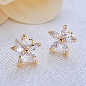 10pcs Real Gold Plated Flower Stud,Clear Zircon Rhinestone Earrings with Loop,Diy Earring Attachment Jewelry Finding Wholesale