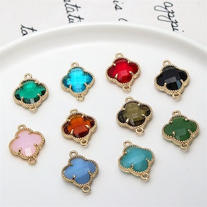 Wholesale 10pcs Shiny Zircon Clover Connector Pendant Charm,CZ Pave Flower Charm,Glass Clover Connector Pendant Jewelry Finding