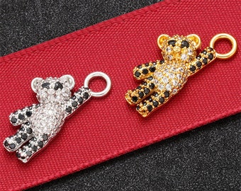 5pcs Shiny Zircon Bear Pendant Charm,Micro Pave Bear Pendant Connector,Real Gold Plated Brass Jewelry Pendant Charm Wholesale