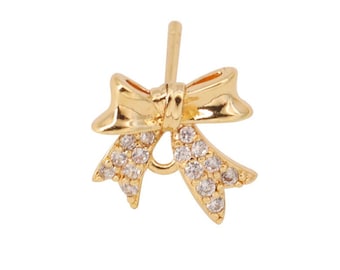 10pcs Real Gold Plated Bowknot Earring Stud,Crystal Bow Earrings Posts with Loop,Brass Bowknot Earring Finding Wholesale Nickel Lead Free
