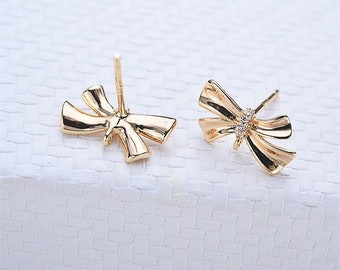 10pcs Real Gold Plated Brass Bowknot Earring Stud,Gold Earring Post with Loop,Brass Earring Jewelry Finding Wholesale