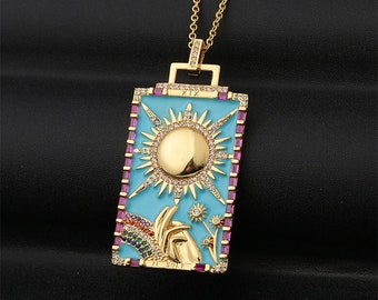 18k Gold Filled Enamel Tarot Pendant,Celestial Tarot Charm,CZ Pave Celestial Tarot Charm Necklace Jewelry Making Finding without Chain