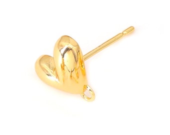 10pcs Real Gold Plated Heart Ear Stud,Gold Earring Post with Loop,Brass Earring Attachment Finding Wholesale,Nickel Lead Free