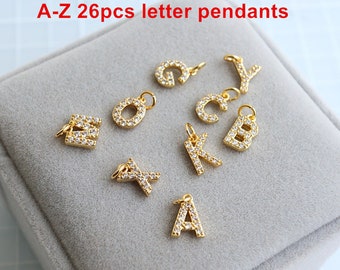 10pcs chapado en oro real letras iniciales encanto colgante, CZ Micro Pave cristal alfabeto letra colgante, mini latón letra encanto joyería encontrar