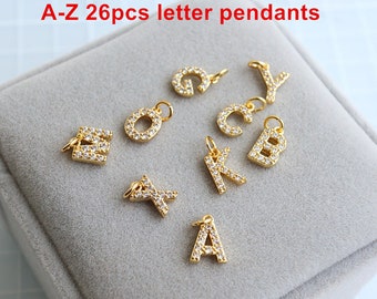 10pcs Real Gold Plated Initials Letter Pendant Charm, CZ Micro Pave Crystal Alphabet Letter Pendant,Mini Brass Letter Charm Jewelry Finding